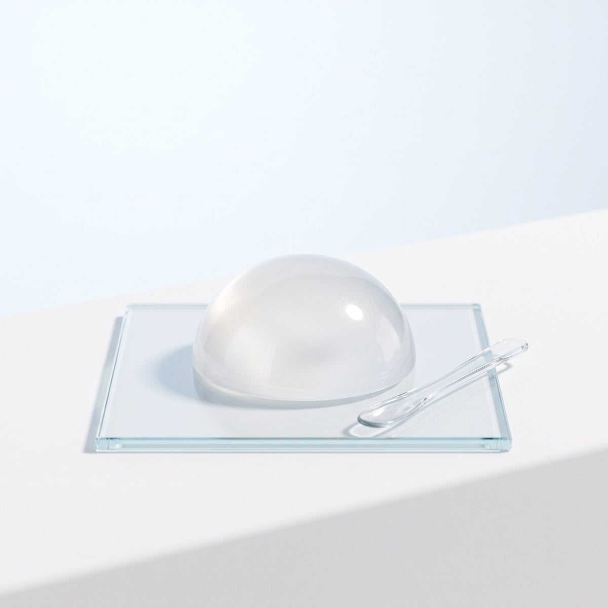 Dome of bouncy clear gel cream on a glass slab