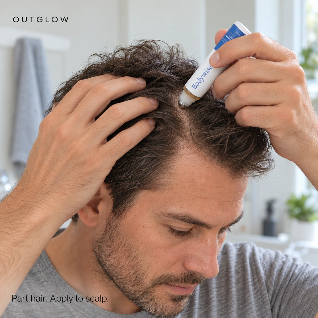 Bodywise roll-on contacting exposed scalp at the hairline, with hair held aside.