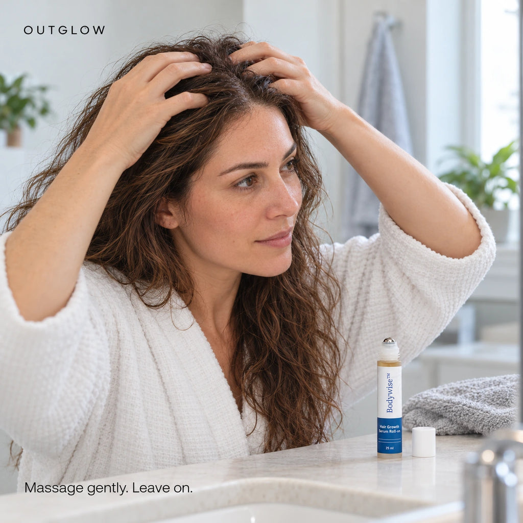 Gentle fingertip scalp massage after application; Bodywise serum on the bathroom counter.